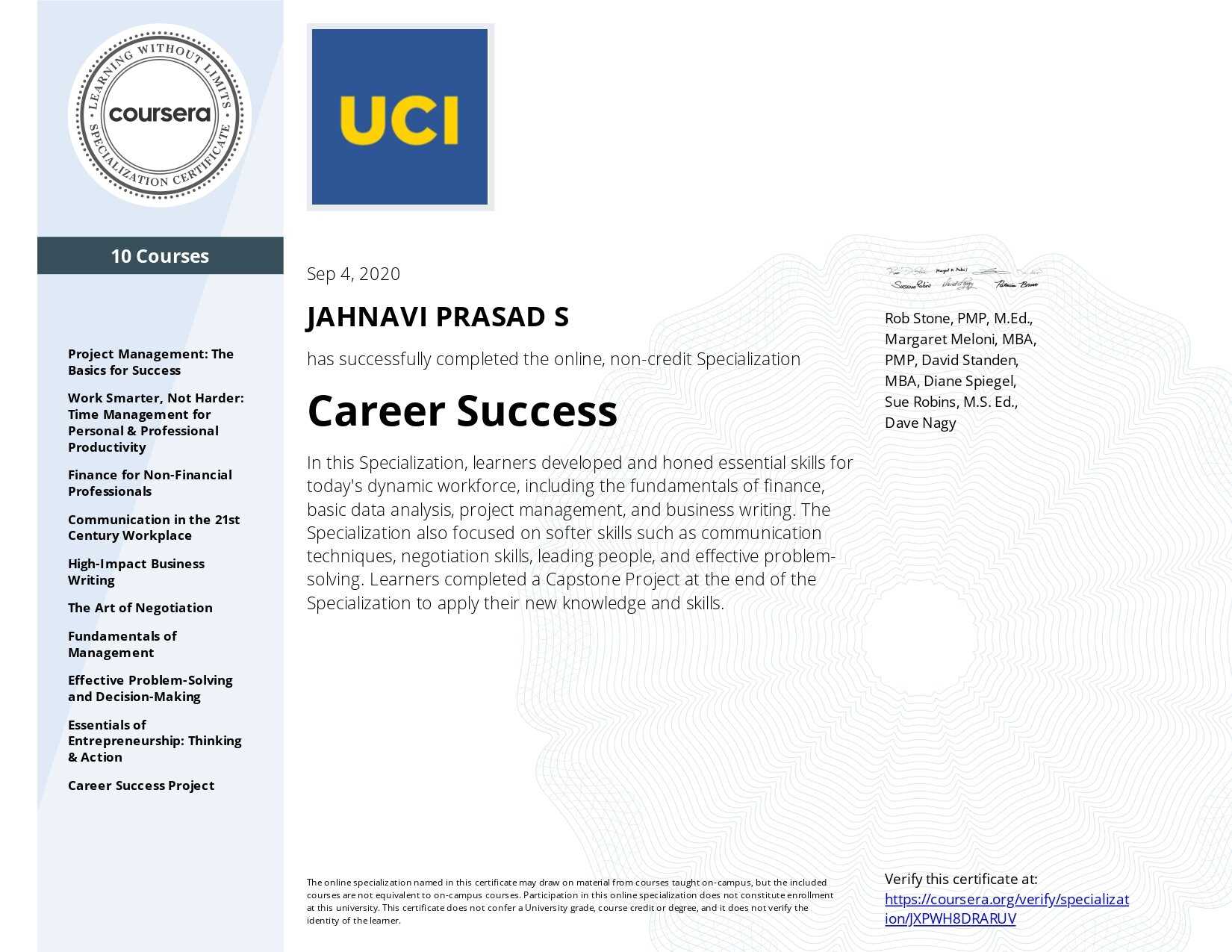 Career Success by University of California, Irvine